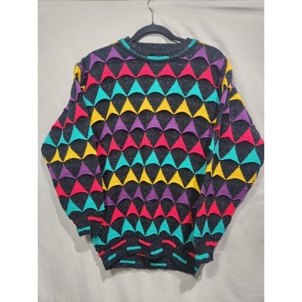 Vintage 1990s "Coogi" Style 3D Geo Chunky‎ Pullover Colorful Sweater Small EUC